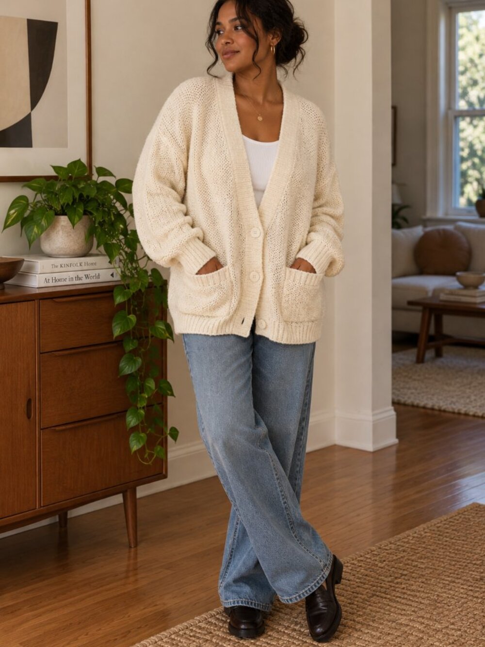 Cream Chunky Knit Grandpa Cardigan Oversized Vintage Style Sweater L ✨